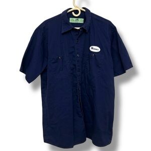 Red Kap Blue Button Up Work Shirt Embroidered Patches Short Sleeve Men’s Size XL